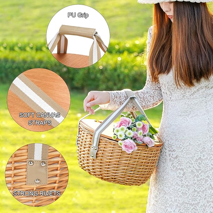 STBoo Picnic Basket for 4, Insulated Wicker Hamper with Folding Table, Willow Picnic Baskets Set with Large Insulated Cooler Bag for Camping Outdoor(Beige)