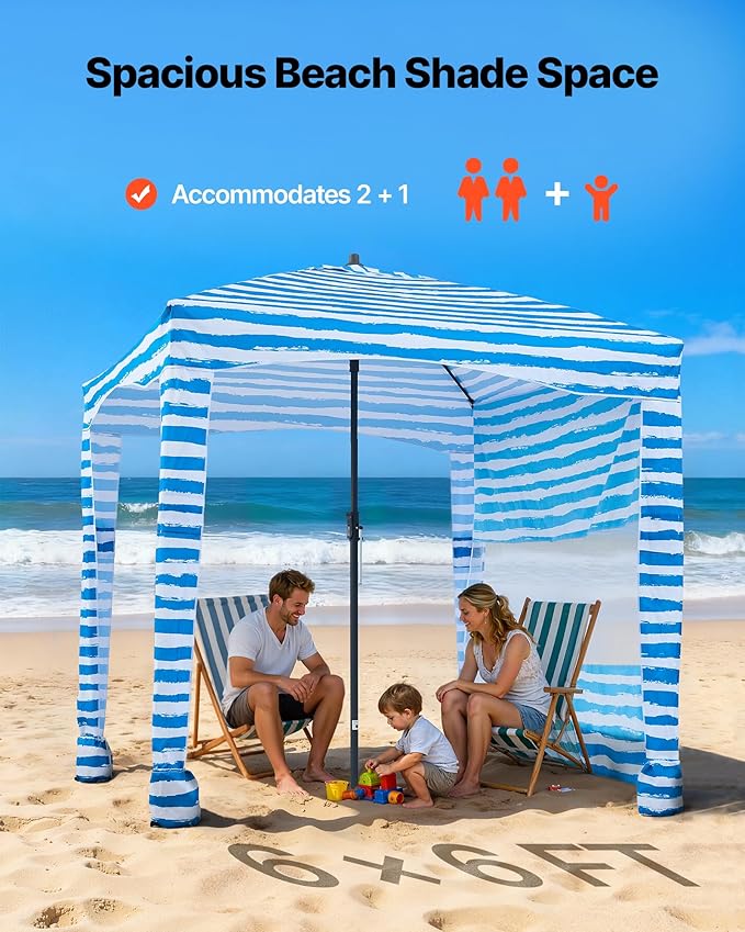 VEVOR Beach Cabana, 6 x 6 ft Beach Canopy with Side Wall, UPF 50+ Protection Easy Setup Cabana Tent with Sand Pockets, Portable Shade Sun Shelter Umbrella for Whole Family & Friends, Blue Stripes