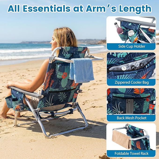 Goplus Beach Chair, Folding Backpack Beach Chairs for Adults with 5 Positions, Head Pillow, Cooler Bag, Towel Bar, Cup Holders, Sunbath Sling Tanning Lounge, Foldable Layout Camping Chairs