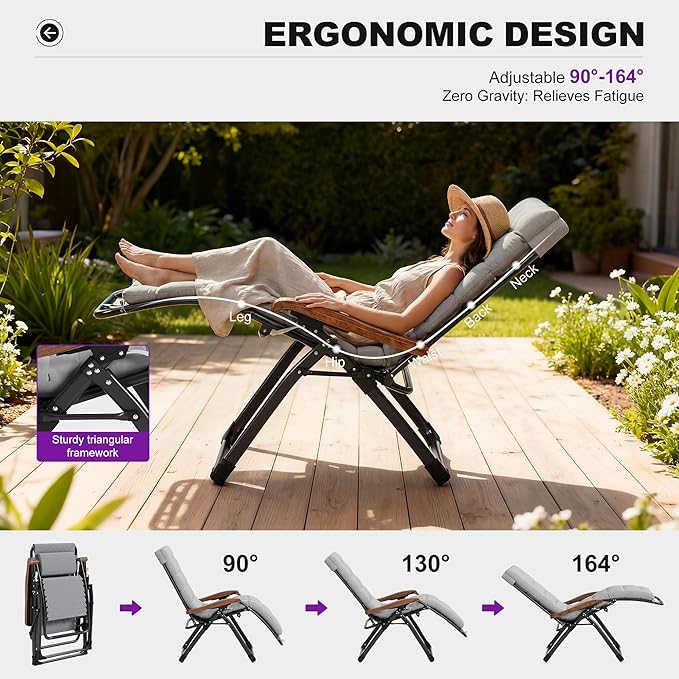 PURPLE LEAF Oversized Outdoor Reclining Chair Patio Zero Gravity Chaise Lounge Folding Chair with Removable Cushion Adjustable Headrest for Lawn Camping Beach Pool Grey