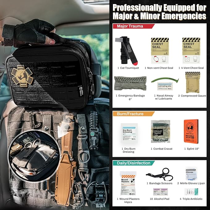 RHINO RESCUE Vehicle IFAK Trauma Kit with C-A-T Tourniquet, Tactical First Aid Kit Molle Pouch Black