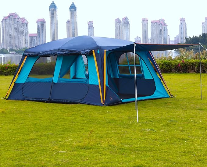 KTT Extra Large Tent 12 Person,Family Cabin Tents,Awning,2 Rooms,4 Doors and 4 Windows with Mesh,Straight Wall,Waterproof,Double Layer,Big Tent for Outdoor,Picnic,Camping,Family Gathering