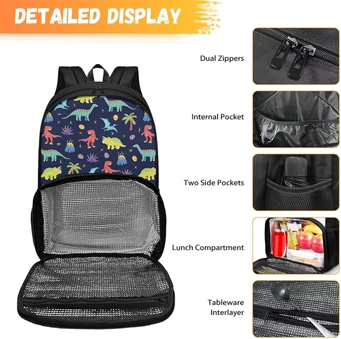 All In One Backpack Meal Bag Sturdy Insulated Cooler Backpack Lunch Box Tote Food Bag for College Beach Camping Picnics Primary Middle High Student Dayback, Dinosaur Tree