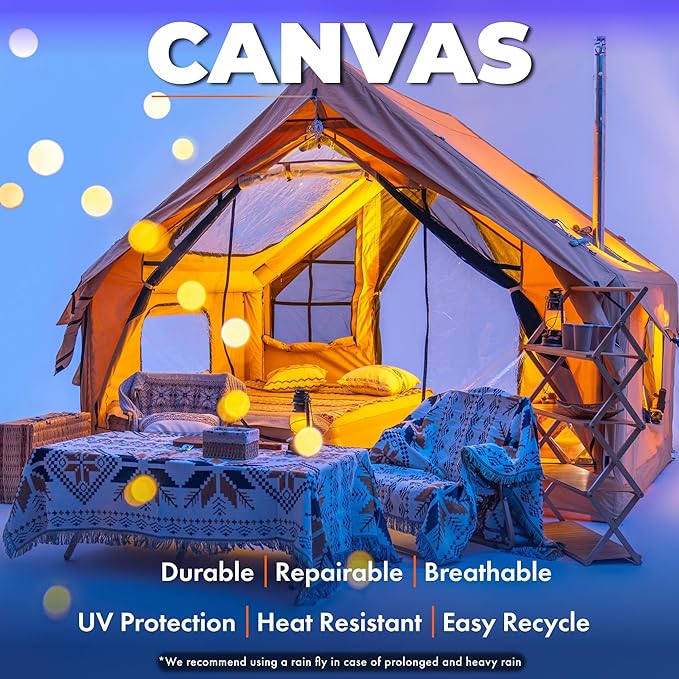 Inflatable Canvas Camping Tents with Stove Jack – Air Beam Blow Up Family Camping Tent for 2–6 People, Fast Setup Shelter with Hand Pump