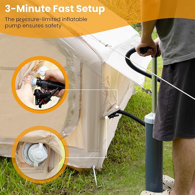 WARONE Inflatable Camping Tent with Skylight, Three Minutes Setup,6 Person Capacity, Waterproof Canopy with Mesh Curtains, Stove Window,Mosquito Screen, Air Column Frame, Includes Pump and Stakes