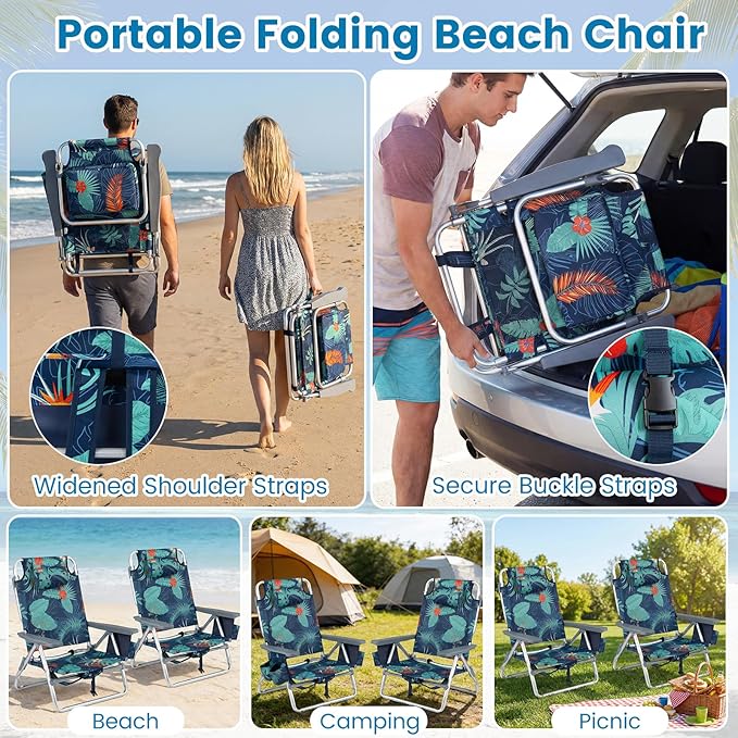 Goplus Beach Chair, Folding Backpack Beach Chairs for Adults with 5 Positions, Head Pillow, Cooler Bag, Towel Bar, Cup Holders, Sunbath Sling Tanning Lounge, Foldable Layout Camping Chairs