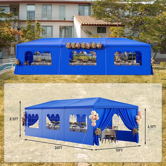 Outdoor Party Tent 10x30 Wedding Blue Tents for Parties, Heavy Duty Canopy Event Gazebo Shelter with 8 Removable Sidewalls Waterproof Party Wedding BBQ Events