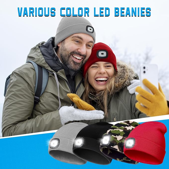 Beanie Hats with Light, USB Rechargeable LED Hand Free Headlamp, Birthday Gifts for Men, Women, and Teens, Ideal for Camping, Hiking, 2 Pack, Red