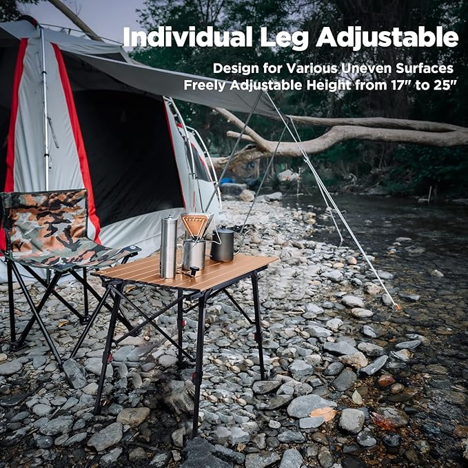 VILLEY Portable Camping Table with Adjustable Legs, Lightweight Aluminum Folding Beach Table with Carrying Bag for Outdoor Cooking, Picnic, Beach, Backyards, BBQ and Party