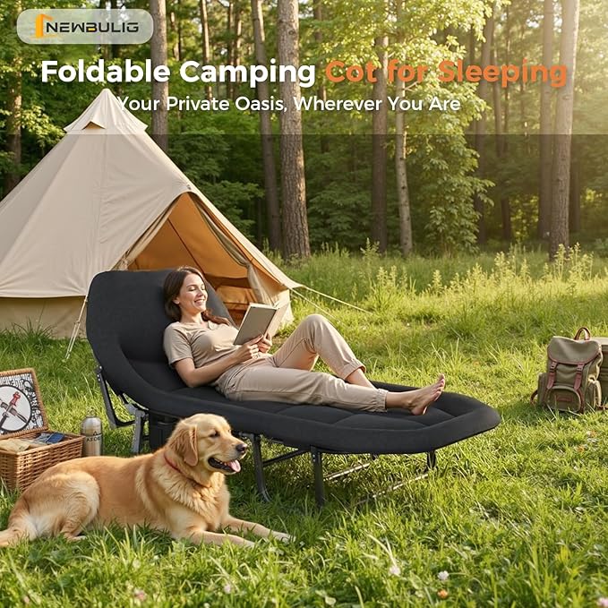 NEWBULIG Foldable Camping Cot for Adults, Sleeping Cots with Mattress, Pillow and Side Pocket, 6-Angle Adjustable Folding Camp Bed, 450lbs Weight Capacity, for Hiking, Traveling, Office Napping, Guest