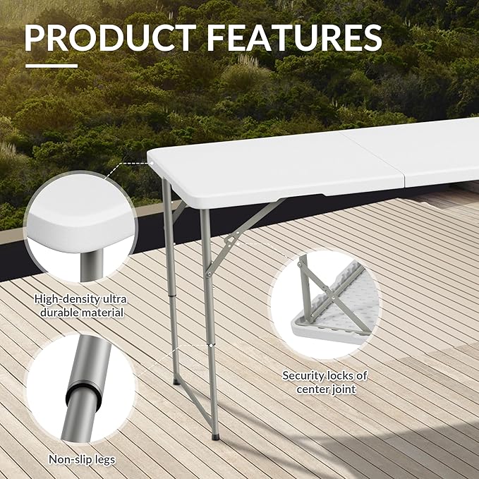 Simple Deluxe Foldable Table - Heavy Duty Portable Plastic Top & Steel Legs, Built-in Handle for Indoor Outdoor Party, Camping, Adjustable Height (22"/30"/36"), White 4FT