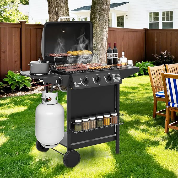 Happygrill 3 + 1 Burner Propane Gas Grill, 39,000 BTU Outdoor Cooking Grill w/Storage Shelves & Porcelain-Enameled Grates, Portable BBQ Grills on Wheels w/Thermometer for Backyard, Camping & Picnic