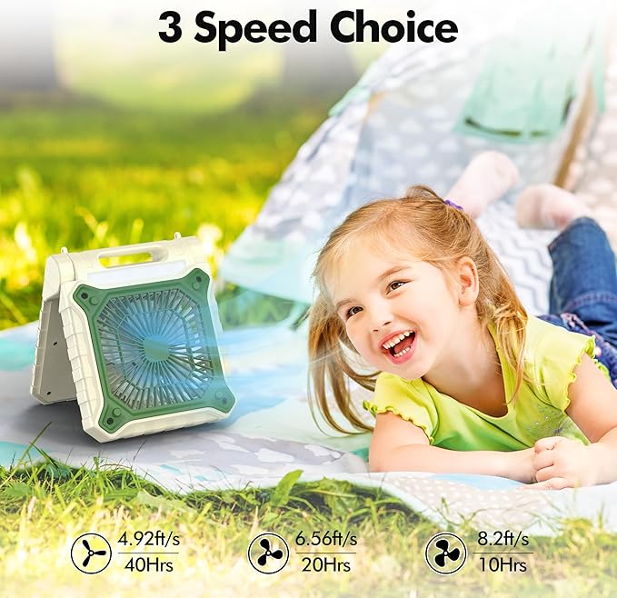 Solar Fan with LED Lantern - Battery Powered with Solar Panel, 90° Adjust, 3 Speed & Timer, 40Hrs Cooling, Rechargeable Battery Operated, Solar Powered for Camping Outdoor Fishing Travel RV Hurricane