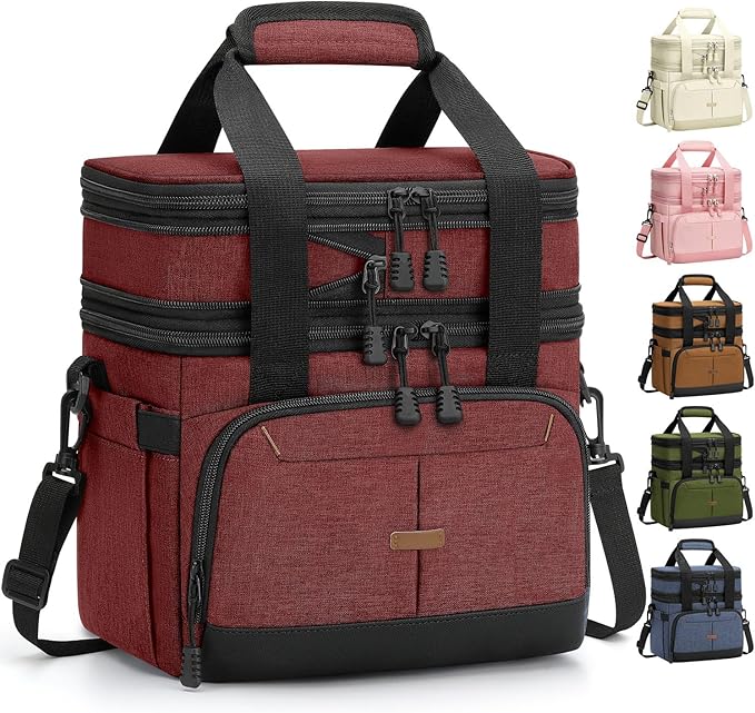 Lunch Box For Men Women Double Deck Insulated Lunch Bag For Men Woman Leakproof Expandable Cooler Bag with Adjustable Shoulder Strap for Work Shool Picnic(Wine Red,Medium)