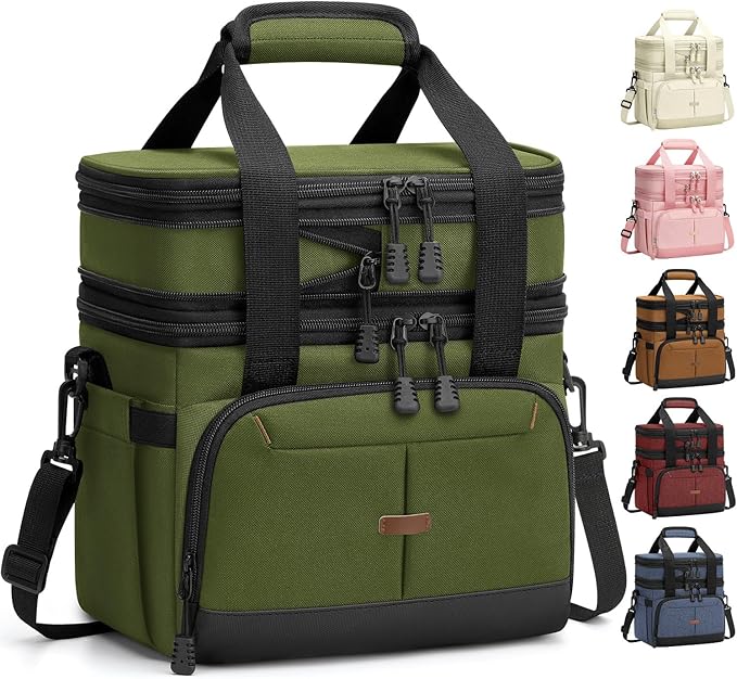 Lunch Box For Men Women Double Deck Insulated Lunch Bag For Men Woman Leakproof Expandable Cooler Bag with Adjustable Shoulder Strap for Work Shool Picnic(Green,Medium)