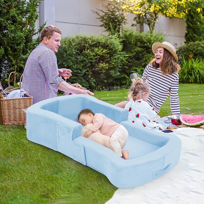 Portable Toddler Travel Bed, 2-in-1 Foldable Toddler Bed Sofa Chair, Soft Baby Kids Travel Floor Cot with Washable Covers Safety Foam Raised Bumper for Grandma's House Road Trips Camping Hotel (Blue)