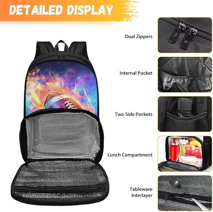 Fire Flame Rugby Lunch Backpack for School Work Travel Large Capacity Hiking Picnic Cooler Backpack All In One Backpack Primary Middle High School Bookbag