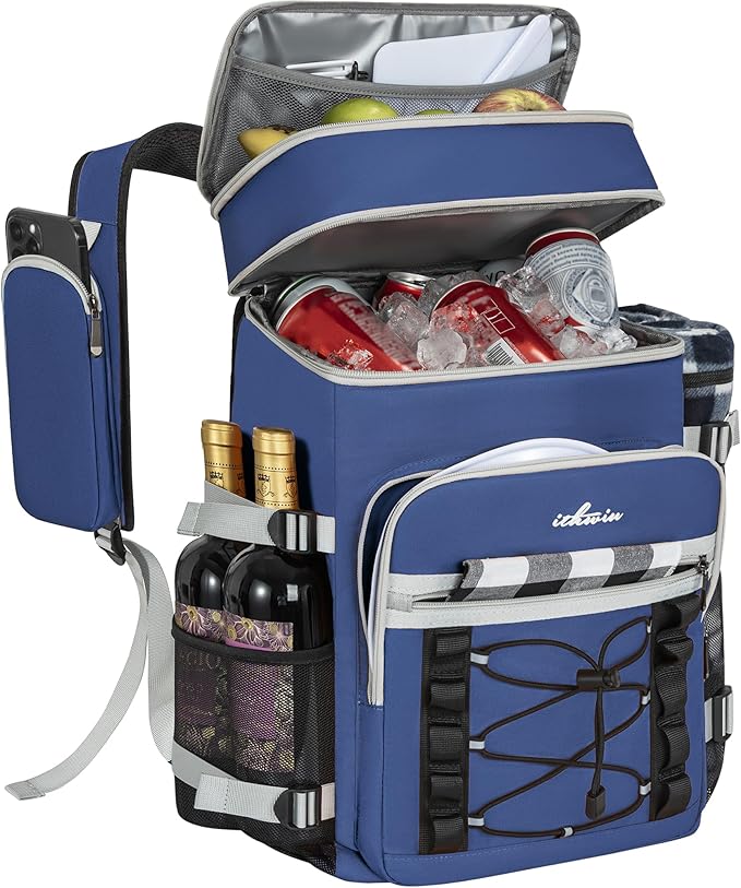 Cooler Backpack, 40 Cans Insulated Lunch Backpack Picnic Backpack for Men&Women, Durable Cooler Bag with 2 Leak Proof Compartments for Picnic, BBQ Camping, Lunch, Beach, Hiking, Blue