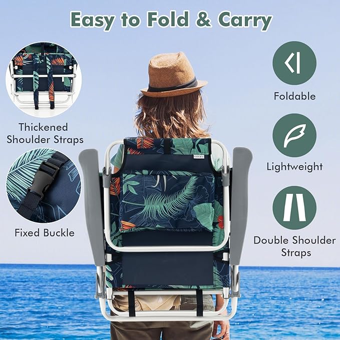 Tangkula Backpack Beach Chair with Table, 5-Position Lay Flat Beach Chairs with Cooler Bag, 2 Cup Holders, Towel Bar, Lightweight Low Folding Beach Chair
