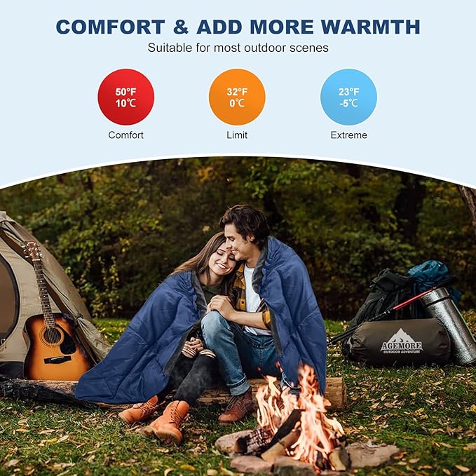 AGEMORE Cotton Flannel Double Sleeping Bag with Fleece Lined Hood, Waterproof Queen Size 2 Person Sleeping Bag for Adults Cold Weather Camping Backpacking or Hiking, 3-4season