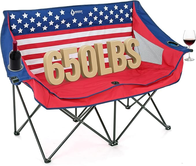 ARROWHEAD OUTDOOR Portable Folding Double Duo Camping Chair Loveseat w/ 2 Cup & Wine Glass Holder, Carrying Bag, Supports up to 500lbs