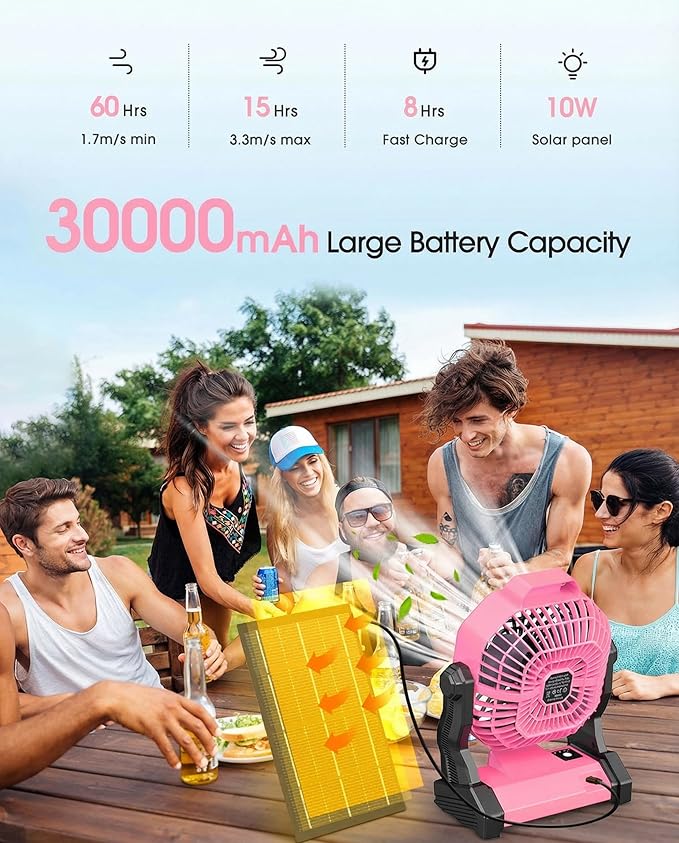 30000mAh Solar Fan, Camping Fan with Solar Panel, 10W 9-Inch Rechargeable Battery Operated Fans for Outside, LED Lantern, Stepless Speed and Quiet Battery Powered Solar Tent Fans for Outdoor, Barbecue