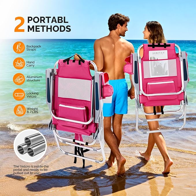 VINGLI Tall Beach Chair 2 Pack Lightweight, Backpack Beach Chair for Adults with 5-Position, Cooler Bag, Cup Holders, Towel Bar, Lightweight Folding Beach Camping Chairs