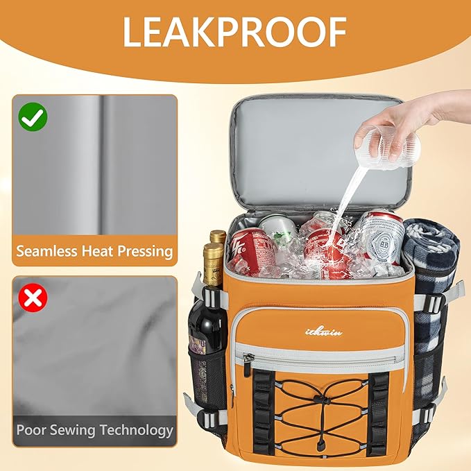Cooler Backpack, 40 Cans Insulated Lunch Backpack Picnic Backpack for Men&Women, Durable Cooler Bag with 2 Leak Proof Compartments for Picnic, BBQ Camping, Lunch, Beach, Hiking, Orange