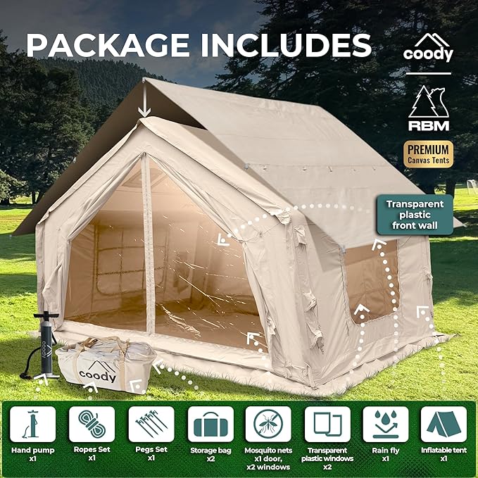 Coody Inflatable Canvas Camping Tents with Stove Jack – Premium Air Beam Family Glamping Tent, Breathable Cotton Canvas, Fast Setup Air Tent with Pump