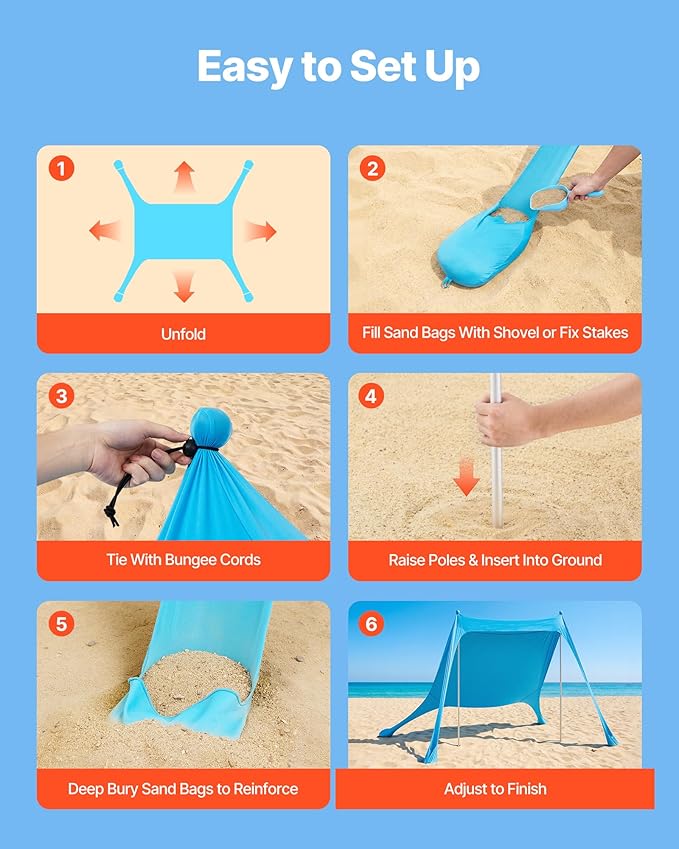 VEVOR Beach Tent Sun Shelter, UPF50+ Sun Protection, 6.6 ft Tall, 7.5x7.5 ft, Easy Pop Up Beach Canopy with Sandbags, Stability Poles, Sand Shovels, Portable Shade for Family Outings, Camping, Fishing