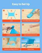 VEVOR Beach Tent Sun Shelter, UPF50+ Sun Protection, 6.6 ft Tall, 7.5x7.5 ft, Easy Pop Up Beach Canopy with Sandbags, Stability Poles, Sand Shovels, Portable Shade for Family Outings, Camping, Fishing