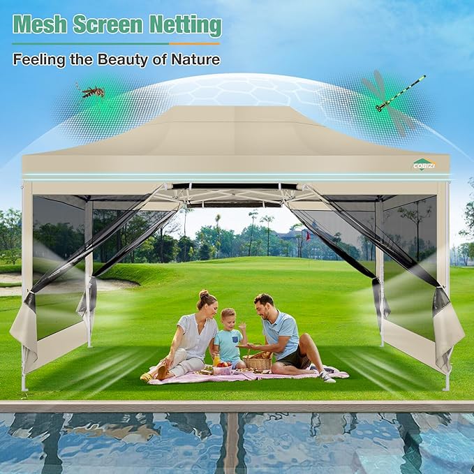 COBIZI 10x15 Canopy Tent, Heavy Duty Pop up Canopy with Sidewalls, Waterproof Easy Setup Canopy with Mosquito Netting, Outdoor Instant Screen Tents for Parties, Wedding, Backyard with Carry Bag, Khaki