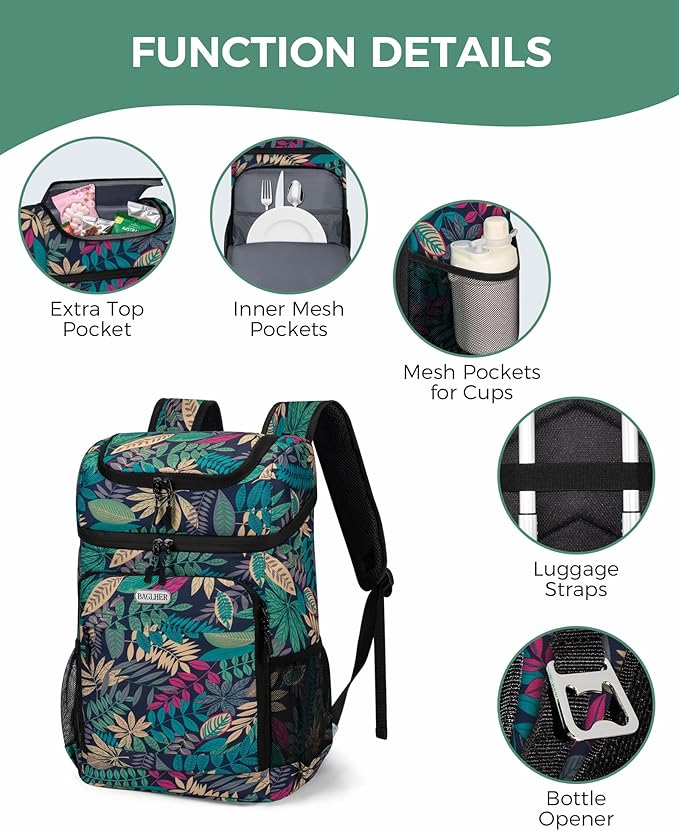 BAGLHER Lightweight Insulated Cooler Backpack - 30 Cans, Leak-Proof for Lunch, Picnic, Hiking, Camping Trips