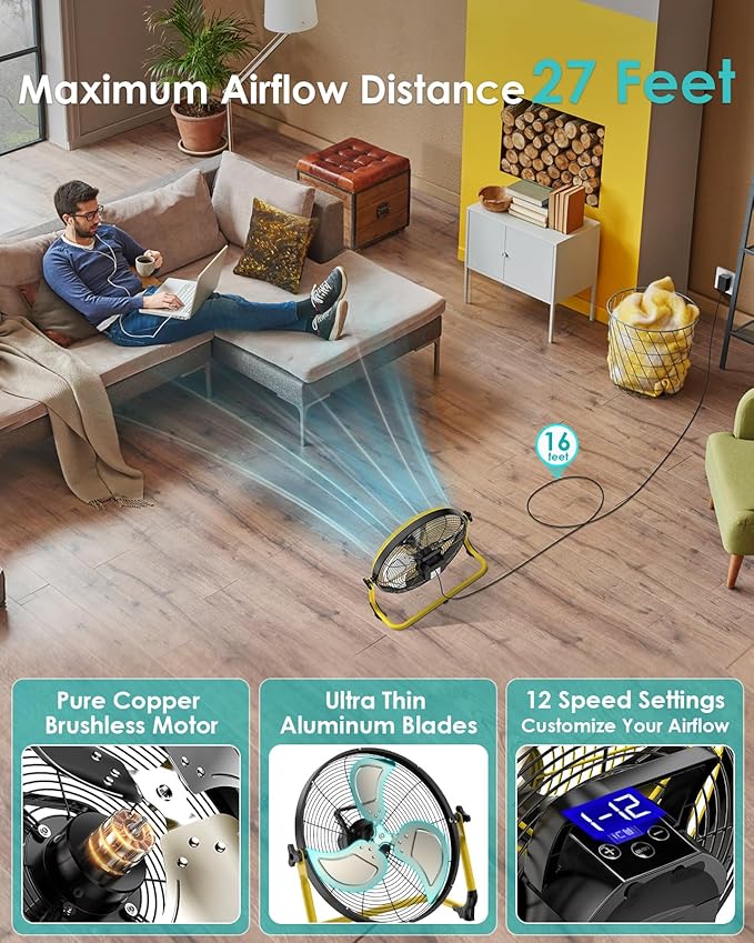 ZHULI 14" Solar Fan, Portable Battery Operated Floor Fan, Rechargeable Cordless Camping Fan, 30W Solar Panel, Hi-Velocity Brushless Motor, Metal Blade, USB Phone Charge, 8~60H Runtime, Quiet, Wireless