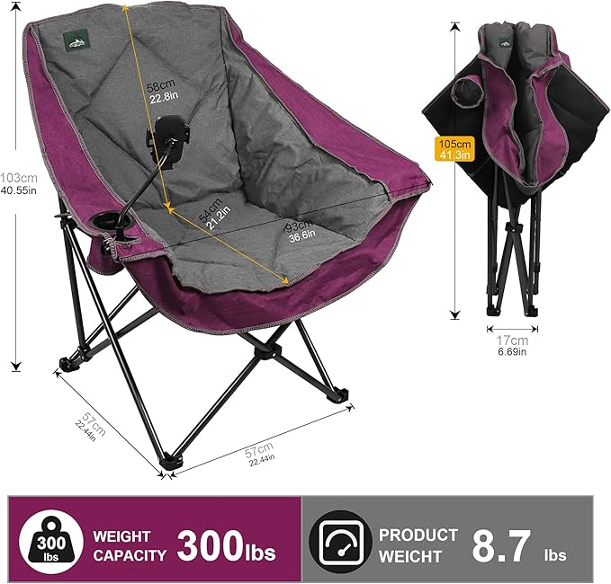 Northroad Oversized Foldable Camping Chair, Outdoor Padded Lawn Chair w/Cup Holder,Carry Bag for Beach, Hiking, and Picnics,Heavy-Duty 300-lbs Capacity, Purple