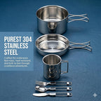 14-Piece Camping Cookware Set, 304 Stainless Steel Pots and Pans with 2 Sets of Cups, Plates, Forks, Knives, and Spoons for Camping, Backpacking, Outdoor Cooking, and Picnic