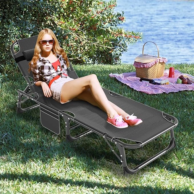LILYPELLE Folding Outside Chaise Lounge Chair with Mattress, 5 Position Adjustable Patio Folding Lounge Chair Reclining Chairs Perfect for Sunbathing, Camping, Pool, Beach, Patio