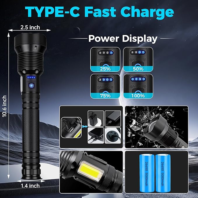 Flashlights High Lumens Rechargeable, Super Bright Led Flashlight with 7 Modes & IPX7 Waterproof, Adjustable Focus Tactical Handheld Powerful Flashlight for Home Camping Emergencies Hiking