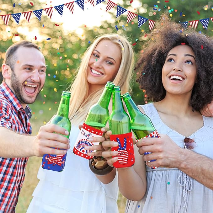 4th of July Can Cooler Sleeves, 18pcs American Flag Beer Drink Can Bottle Cooler Sleeves Collapsible for Fourth of July Coozies Bulk Independence Day Party Decorations Supplies Favors