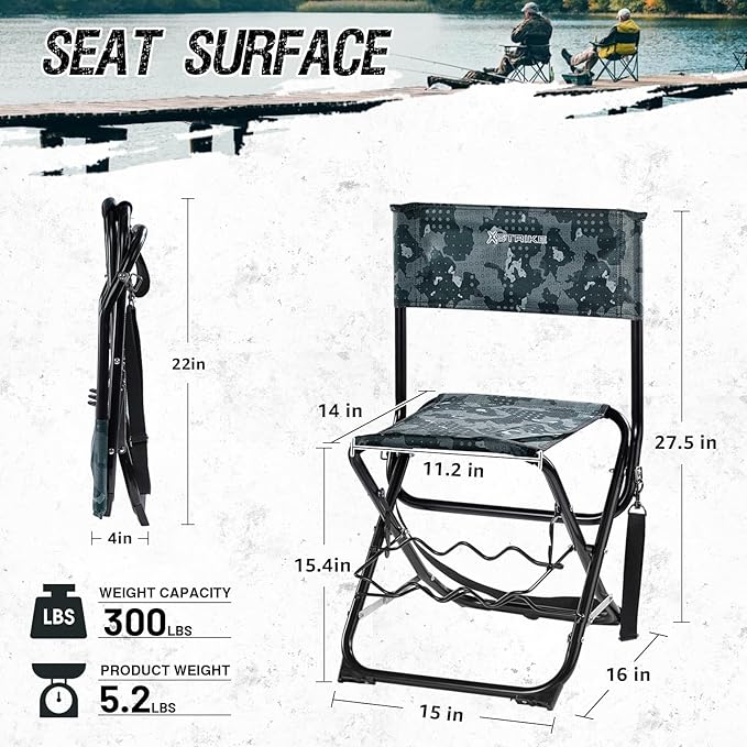 X Strike Portable Fishing Chairs Outdoor Folding Stool for Adults Portable Camping Chair for Ice Fishing,Hunting,Lawn,Patio,Garden,300LBS.