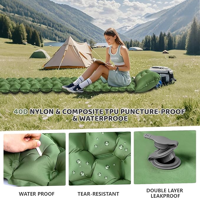 Ultralight Air Pad: 1.9lbs Camping Mattress with Pillow & Foot Pump - 4" Thick with One-Second Deflation for Easy Backpacking