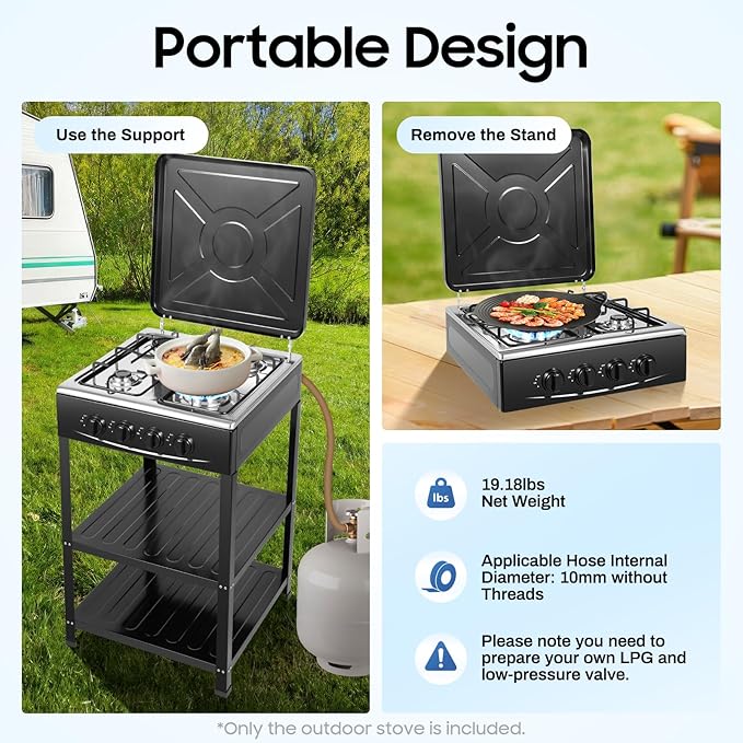 4 Burner Gas Stove, Portable Outdoor Stove with Double storage shelves and Independent Knobs, Heavy Duty Propane Gas Cooker with Wind Blocking Cover for Outdoor Camping BBQ(Black)
