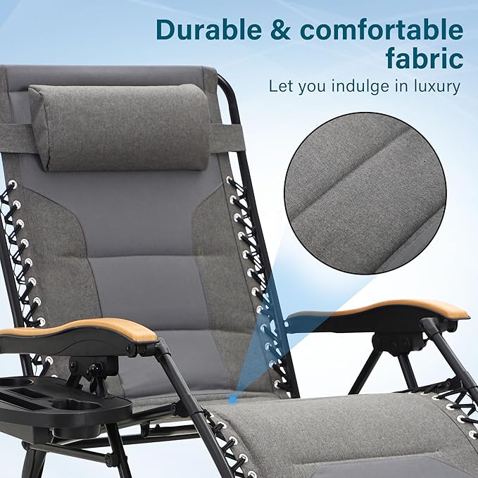 MFSTUDIO Zero Gravity Chairs, Oversized Patio Recliner Chair, Padded Folding Lawn Chair with Cup Holder Tray, Support 400lbs, Light Grey