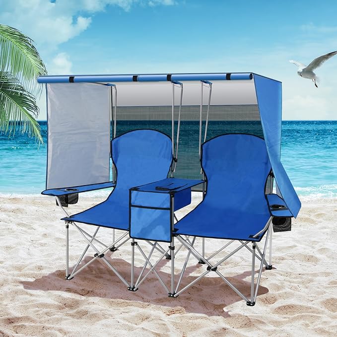 BESTHLS Double Canopy Camping Chair with Shade Folding Loveseat Chairs with Cup Holder Cooler Bag Organize Pouch for Camp Beach Sports Lawn Patio Outside (Blue)