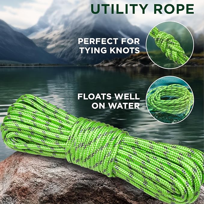 TECEUM Rope – 90 Feet x 1/4 Inch (7mm) – Green Gray – Strong All-Purpose Utility Rope – Camping, Crafting, Flag Pole, Indoor & Outdoor – Polypropylene Nylon Poly Lightweight Diamond Braided Cord