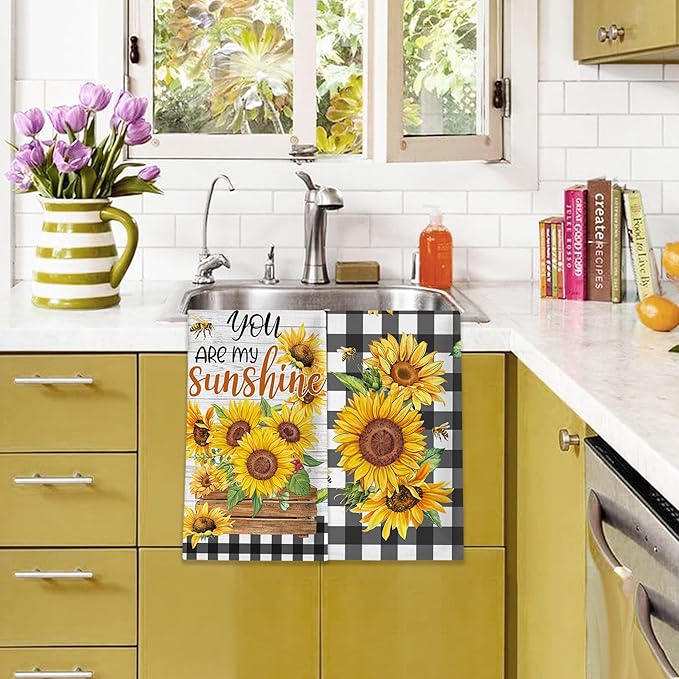 Sunflower Kitchen Towels, You are My Sunshine Dish Towels Set of 2, Farmhouse Sunflower Kitchen Decor, Summer Floral Buffalo Plaid Yellow Hand Towels for Housewarming (18x26 Inches)