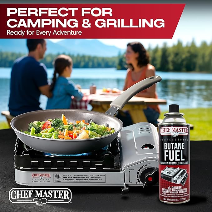Chef Master 12x 8oz Butane Fuel Canister - Butane Canister for Kitchen Torch & Camp Stove - Gas for Picnics, Outdoor Cooking, Grilling - Camping Fuel Canister, Torch Fuel Camping Essentials - 90340