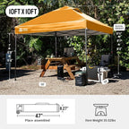 CROWN SHADES 10x10 Pop Up Canopy - Patented Center Lock One Push Instant Outdoor Canopy Beach Tent with STO-N-Go Bag 8 Stakes & 4 Sand Bags，Orange
