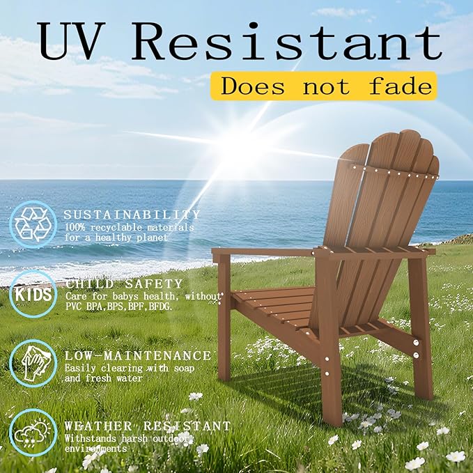 Stackable Adirondack Chair, HDPE All-Weather Adirondack Chairs - Durable and Space Saving, Plastic Outdoor Fire Pit Chairs with Cup Holder,Wood