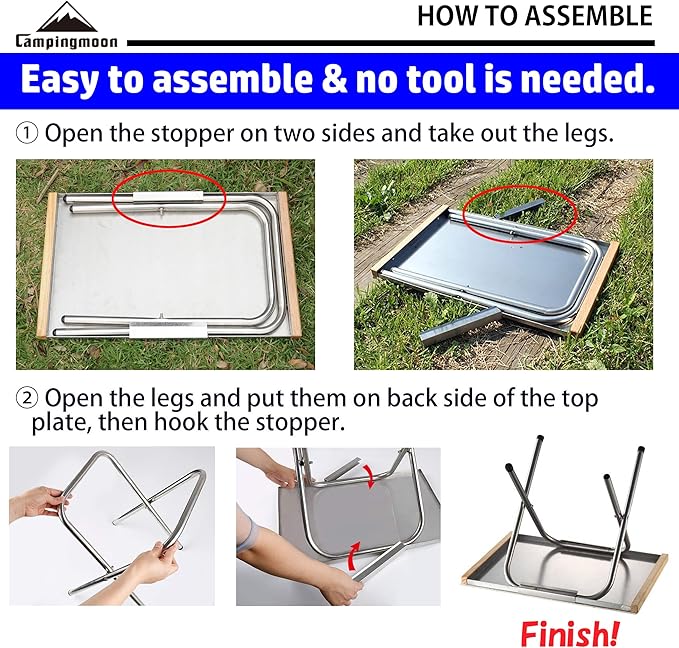 CAMPINGMOON Camping Side Table Heat-Resisting Stainless Steel Embossing Process for Outdoor Table Top Grill T-370